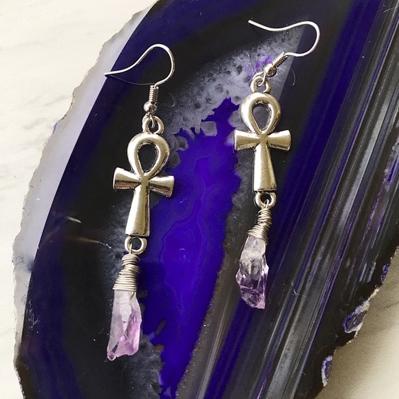 Amethyst silver plated ankh crosses earrings - Picture 5 of 8